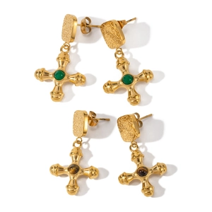 Elegant 18k gold plated stainless steel cross earrings with tiger eye and green stones
