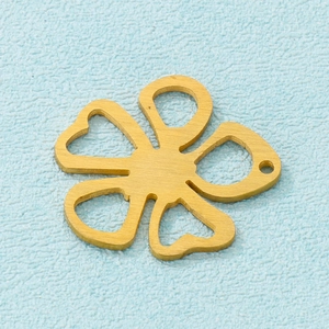 Minimalist matte gold stainless steel hollow five-petal flower pendant on blue background