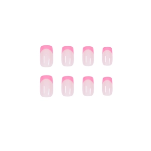 Pink French style press-on nails with jelly texture and bright pink tips on white background