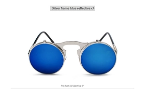 Front view 0° of retro steampunk flip-up sunglasses with silver metal frame and blue lenses
