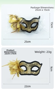 Detailed view of sequin masquerade mask with dimensions and weight measurements