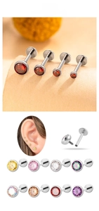 Detailed view of G23 titanium internally threaded labrets with multi-colored cubic zirconia