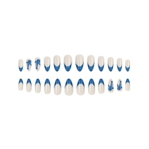 Blue whale wave almond press-on nails set with French white and blue ocean patterns