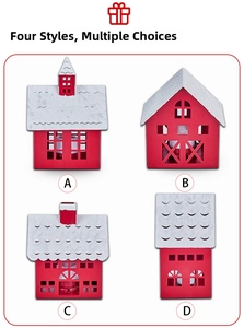 Detailed view of four red metal Christmas house ornaments with snowy roof and hollow windows