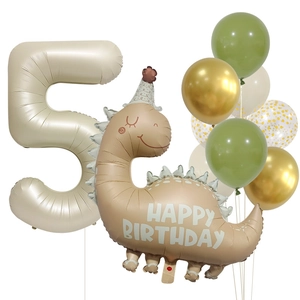 Dinosaur birthday party balloon set with cream white balloons and gold number 5 foil balloon