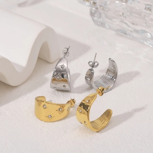 Golden and silver C-shaped star-pattern earrings with sparkling crystals for women