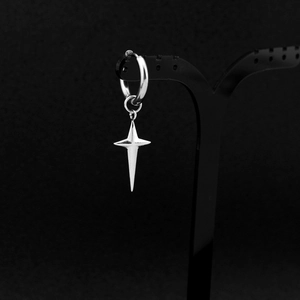 Detailed view of silver stainless steel star earring on a professional black jewelry stand