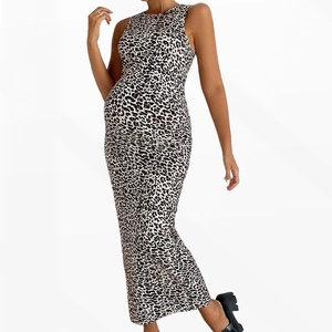 Detail of leopard print sleeveless maternity maxi dress with stretchy bodycon fit