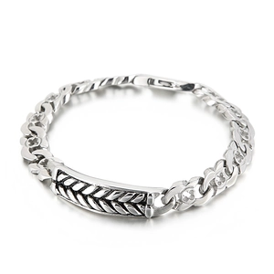 Men's punk wheat link bracelet with vintage textured center bar and floral details