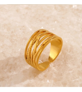 Detail of 18K gold-plated stainless steel layered ring with woven texture on stone background