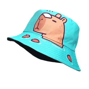 Mint green bucket hat with cute cartoon capybara print for sun protection and outdoor style
