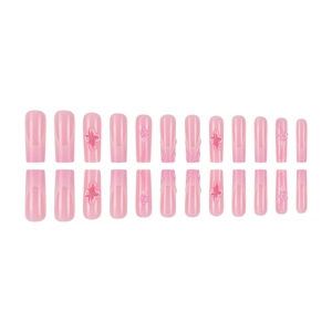 24pcs long square press-on nails with pink gradient, 3D stripes, and floral designs