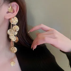 Gancio Per Orecchie Con Nappe Cuore Dischi In Metallo Martellato Clip Lunga Senza Buco Per Donna