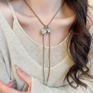 Heart Pendant Necklace Copper Zircon Inlaid Brown Cord Sweater Chain Vintage Elegant Minimalist Neck Jewelry For Women