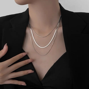 Three-layer titanium steel snake bone chain necklace for women in silver finish