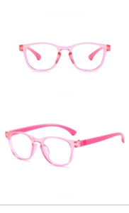Pink frame children's anti-blue light glasses showing front and side viewing angles