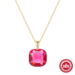 Square Crystal Pendant Necklace S925 Sterling Silver Gold Plated Luxury Elegant Simple Jewelry Gift For Women