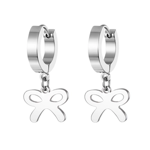 Polished silver stainless steel hoop earrings with hollow bow-knot dangle detail