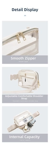 Detailed view of transparent nylon belt bag featuring gold zippers and mesh texture