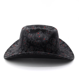 Western black cowboy hat with grey skull prints and red glitter eyes for party events