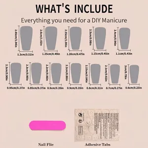 Size chart for plaid press-on nails with 12 sizes, nail file, and adhesive tabs included