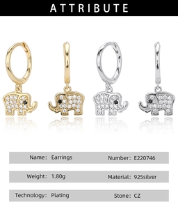Detailed view of S925 silver elephant earrings with sparkling CZ stones and plating