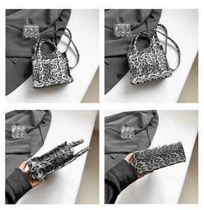 Detailed four-way view of a grey leopard print crossbody tote bag with fuzzy texture