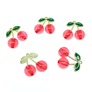 Five 3D red cherry pendants with green leaves and gold stems for DIY jewelry making