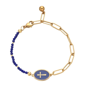 Gold stainless steel cross bracelet with deep blue faceted beads for women