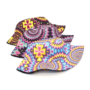 Three bucket hats with vibrant psychedelic patterns showing detailed neon print textures