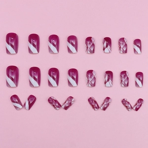 Modern purple and white checkered press-on nails with geometric pattern set