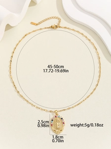 Detail shot of a Virgin Mary pendant necklace with colorful zircons and dimensions