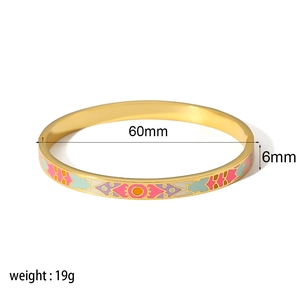 18K gold plated stainless steel bangle with colorful tribal enamel pattern, 6mm wide