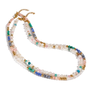 Double-layer necklace with freshwater pearls and multicolor beads on 18K gold plated steel
