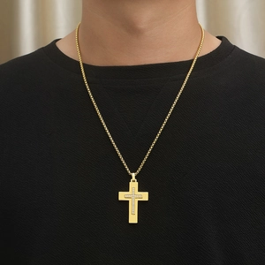 Men's gold double-layered cross necklace with sparkling cubic zirconia on ball chain