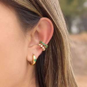 Classic 18K gold stainless steel ear cuffs and hoop earrings with green and white zircon