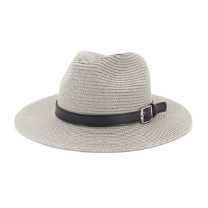 Classic white straw Fedora sun hat with a black leather band and silver buckle detail