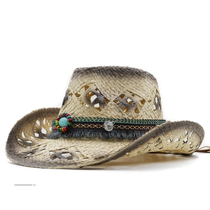 Classic beige western cowboy straw hat with turquoise beads and tassel decoration