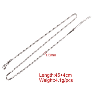Detail view of a 1.5mm silver stainless steel box chain with size and weight specs