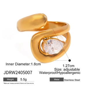 Detailed view of adjustable stainless steel ring with pear-cut cubic zirconia stone