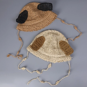 Handmade woven sun hats with cute animal ears and long tassels for kids in two colors