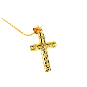 Hip hop gold-plated cross pendant necklace with metallic chain on white background