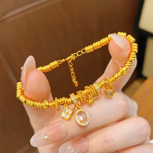 French vintage 24k gold-plated oval flower bracelet with clover and pink crystal charms