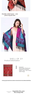 Detail of ethnic print shawl with fringe, thick cashmere-like fabric and split design