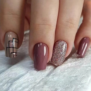 W1504 Sweet Cool Glitter Press On Nails Short Square Round Bean Paste Red Geometric Line Pattern Glue Type Fake Nails