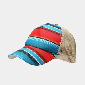 Side view of multi-color striped trucker hat with breathable mesh back and curved brim