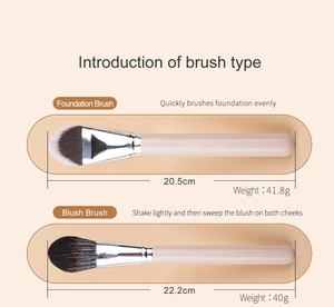 Detail view of pink professional foundation and blush brush with length and weight specs