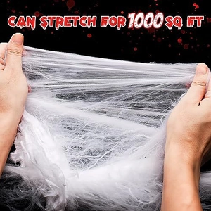 Detail of white stretchable spider web decoration covering 1000 sq ft for Halloween