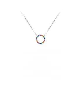 Macro shot of S925 sterling silver necklace featuring a colorful pavé round pendant