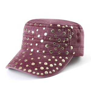 Vintage burgundy washed cotton cadet cap featuring metallic gold rivet studs for adults